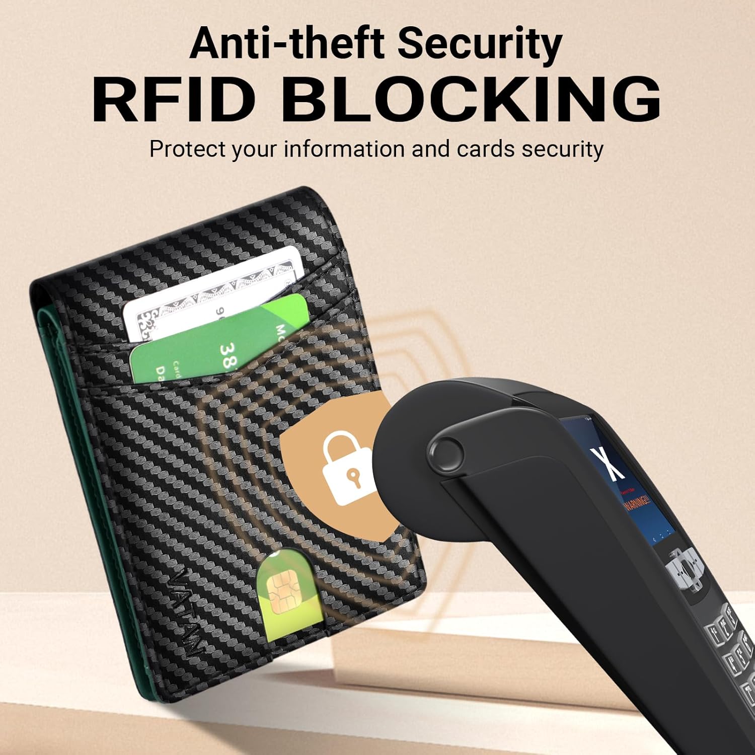 VATAN Wallet for Men Slim RFID Blocking Leather Credit Card Holder Wallet for 15 Cards, Bifold Minimalist Thin Wallet with 2 ID Windows & Cash Slot, With Gift Box (Carbon black and Green) - Image 5