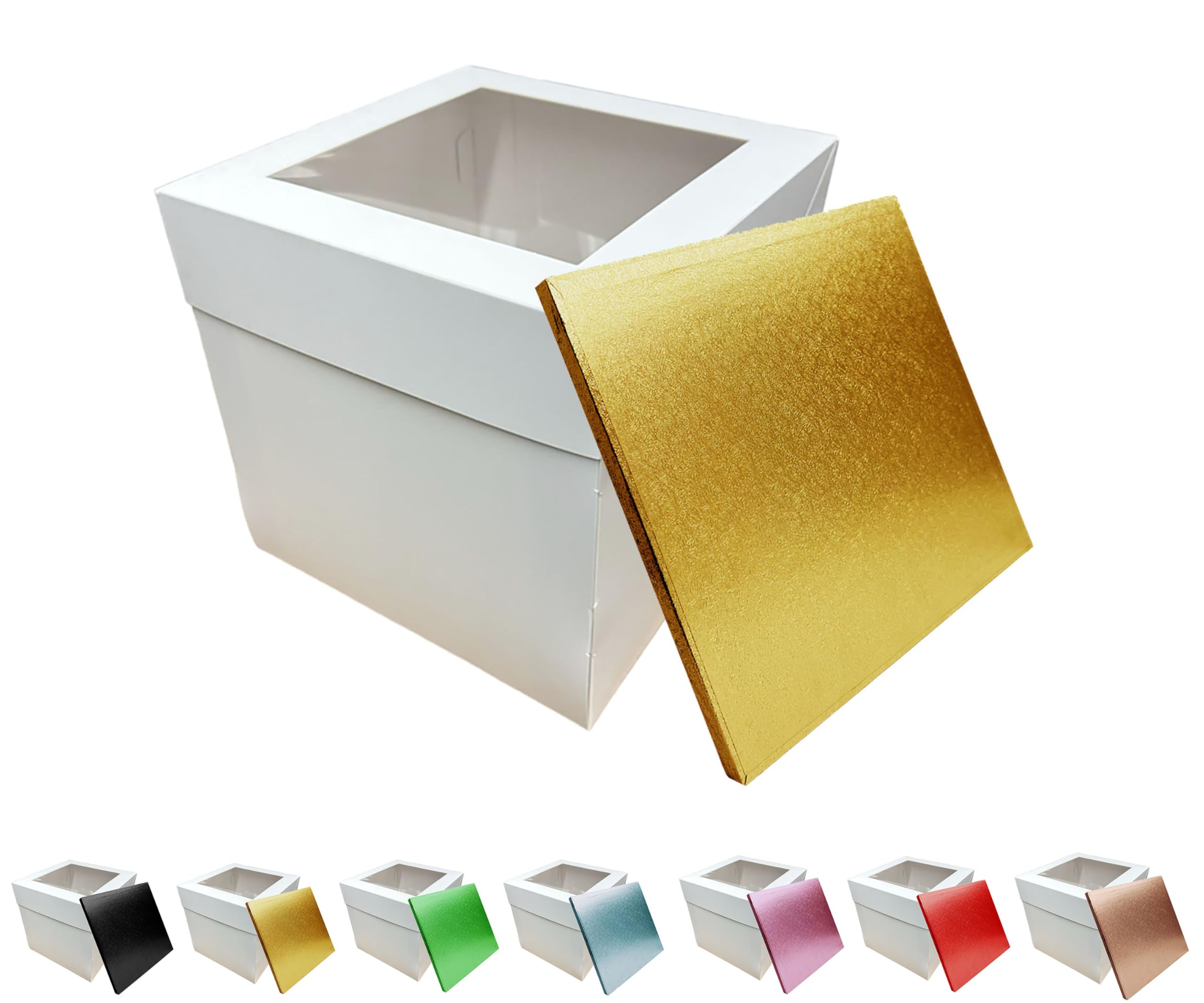 LARRYROO Tall White Cake Box Extra Deep with Clear Display Window & Vibrant, Colourful Square Cake Drum Board Combo (Gold, 10 Inch)