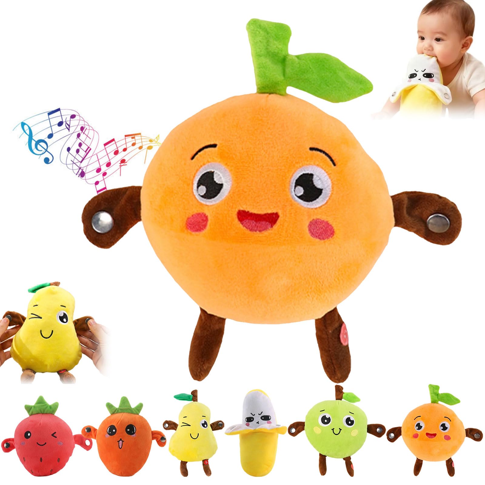 25cm Interactive Musical Fruit Plush Doll Toy, Banana Plush Musical Sensory Toy, Strawberry Plush with Piano and Metronome Sounds, Parent-Child Play Fun, Gifts for Boys & Girls (Orange)