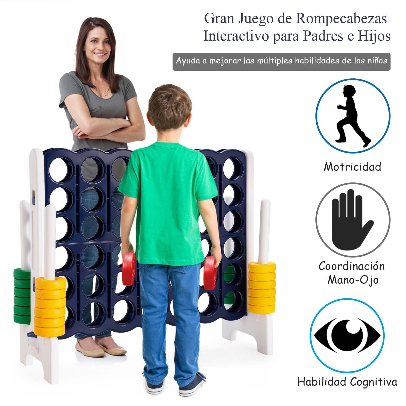 COSTWAY Conecta 4, Juego Gigante 4, Juego 4 en Raya Gigante 42 Anillos Gigantes y Dispositivo de Deslizamiento Rápido (Azul)