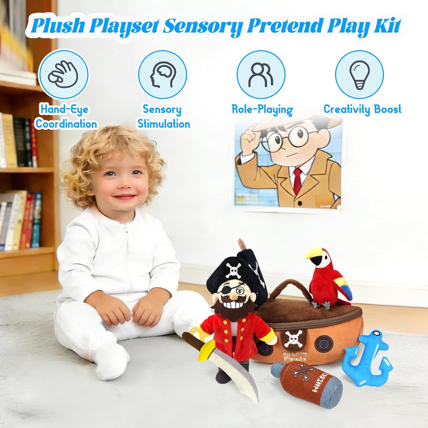 Stuffed Plush Pirate Kit for Baby Toddler, 6-Piece My Little Pirate Plush Playset, Sensory Pretend Play Stuffed Plush Toy with Pirate Ship/Pirate Figure/Parrot, Boy Girl Infant Newborn Gifts