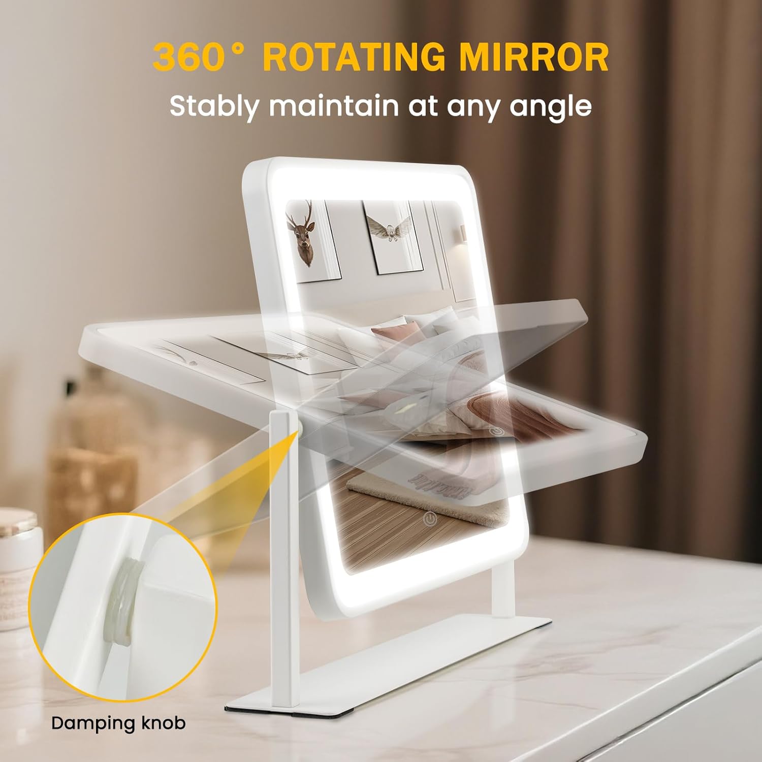 Vanity Mirror with Lights, 14"×12" LED Makeup Mirror, HD Professional Mirror, Smart Touch with 3-Color Lighting, Dimmable, 360° Rotation, Lighted Up for Makeup Desk, Bedroom (White) - Image 6