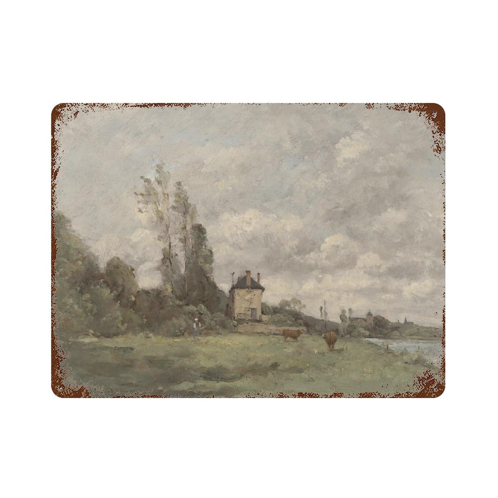 xiaoxiaoshen Muted Riverside Oil Painting Landscape Fine Wall Decor Art Metal Tin Poster Modern Home Decor Art Home Bar Shop Decorations Vintage Sign 30x40cm