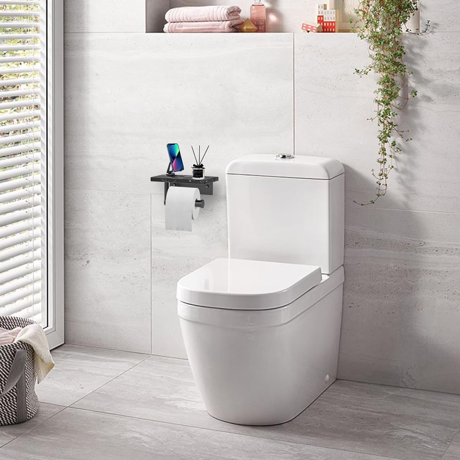 Toilettenpapierhalter Ohne Bohren – Selbstklebend, Mit Ablage, Aus Metall & Bambus, Schwarz