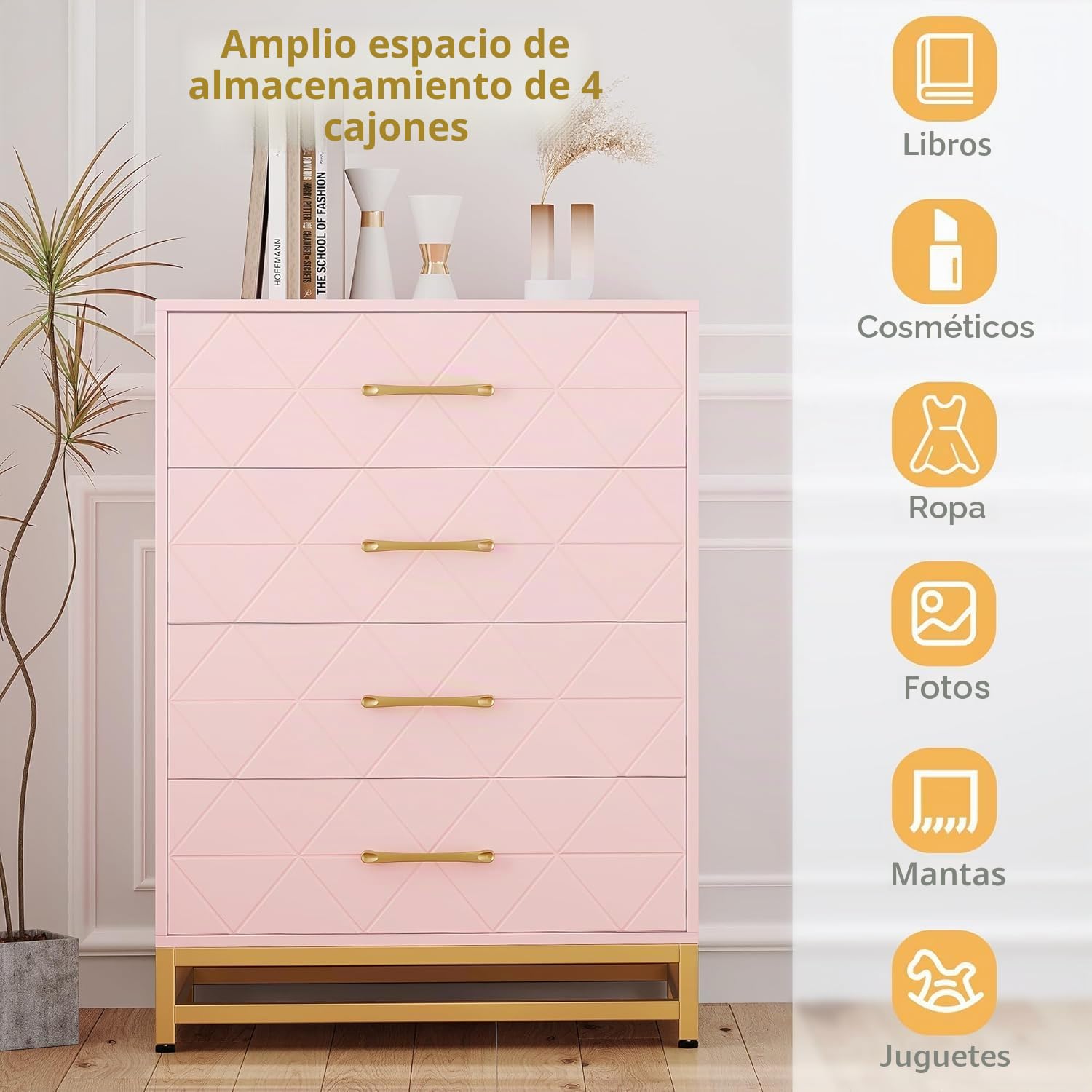 Garvee - Cómoda con 4 cajones para Dormitorio, cajoneras Modernas con cajones Anchos y Asas metálicas, cajoneras de Madera, 61 x 40 x 93 cm (Rosa)