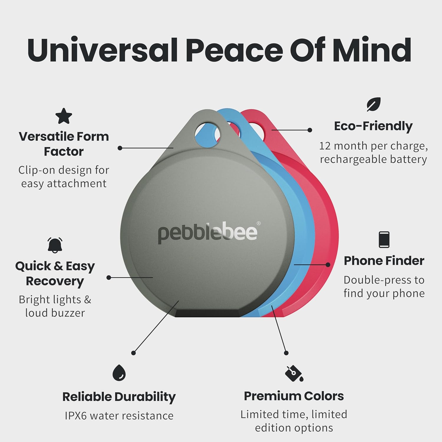 Pebblebee Clip 5 | Rechargeable Bluetooth Tracker Tag for Keys & Bags | Alternative to Air Tag & Android Trackers | 130 dB Siren, Bright LED Strobe, 12-Month Battery, Alert Safety Mode & Phone Finder - Image 2