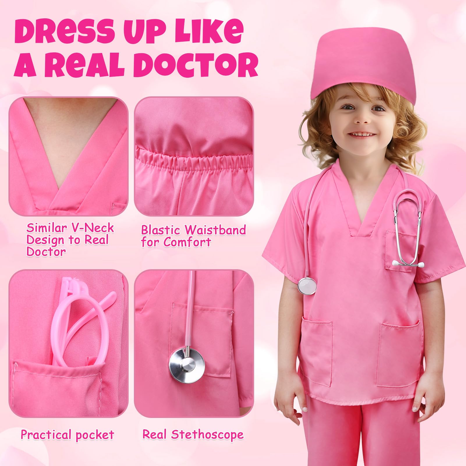 JoyPlus 8 Pcs Kids Doctor Costume Set,Nurse Suit Kit Uniform with Stethoscope - Image 3