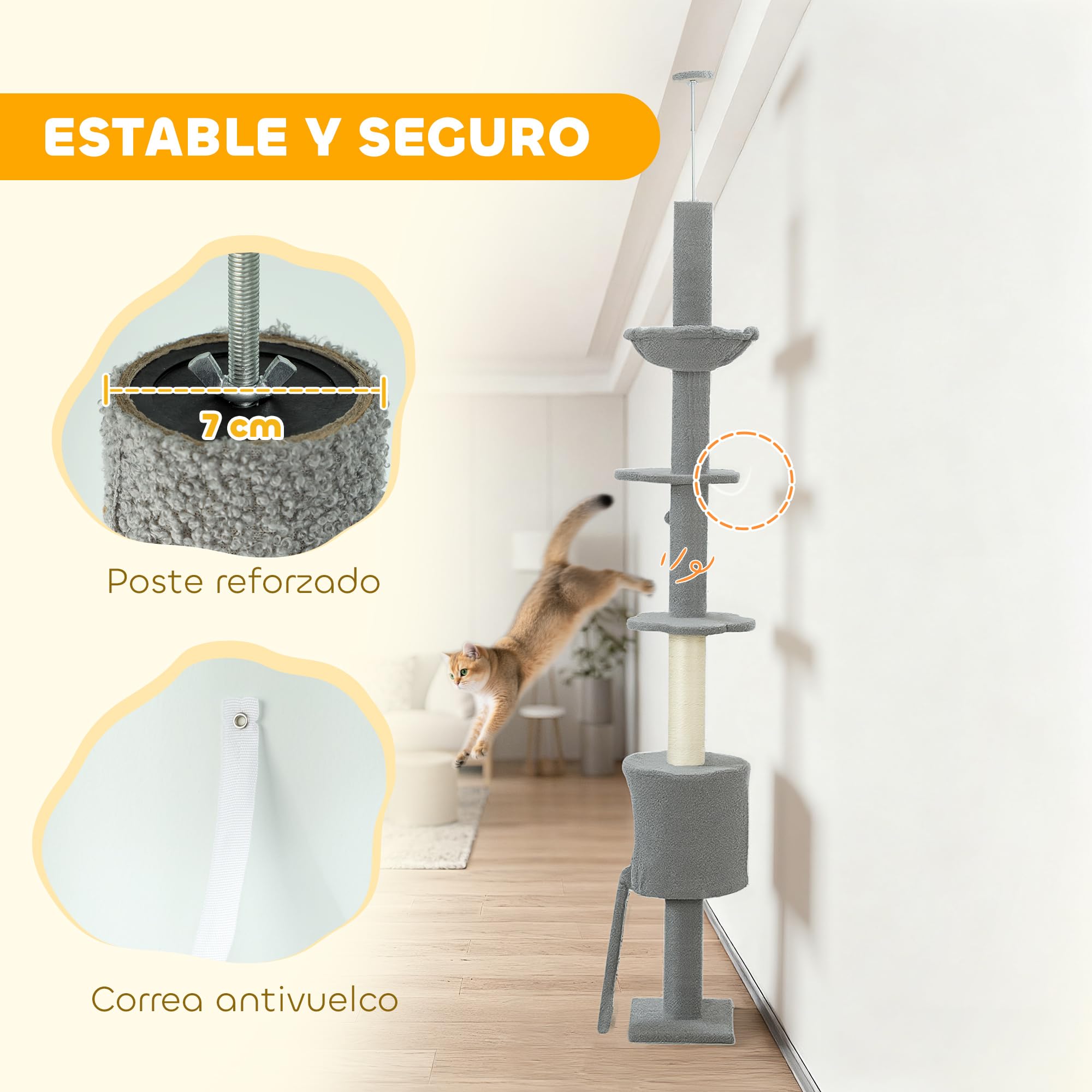PawHut Árbol para Gatos de Suelo a Techo Regulable 220-240 cm Gris Claro | Torre para Gatos, Hamaca, Plataformas en Forma de Flor, Cuevas, Rampa, Bola