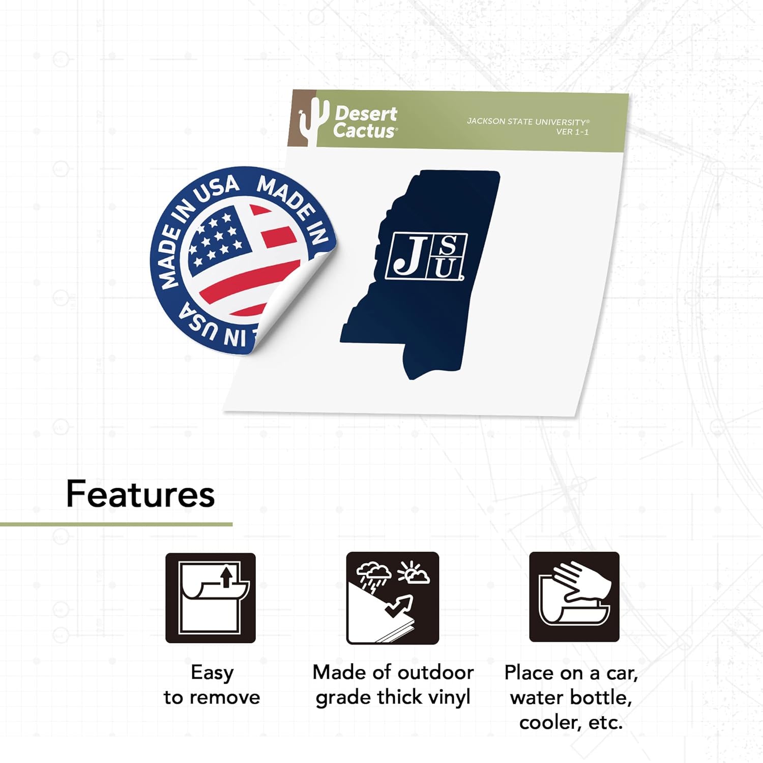 Desert Cactus Jackson J-State University JSU Tigers Vinyl Decal Laptop Water Bottle Car Scrapbook (State Border Sticker)