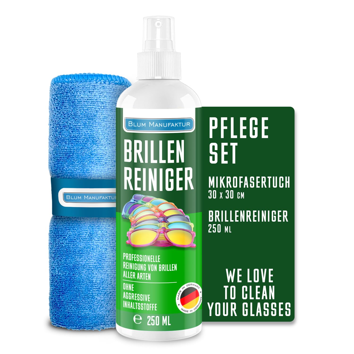 Blum Manufaktur - 250 ml Środek do czyszczenia okularów - - w zestawie ściereczka z mikrofibry 30 x 30 cm - wysokiej jakości spray do czyszczenia okularów - Made in Germany
