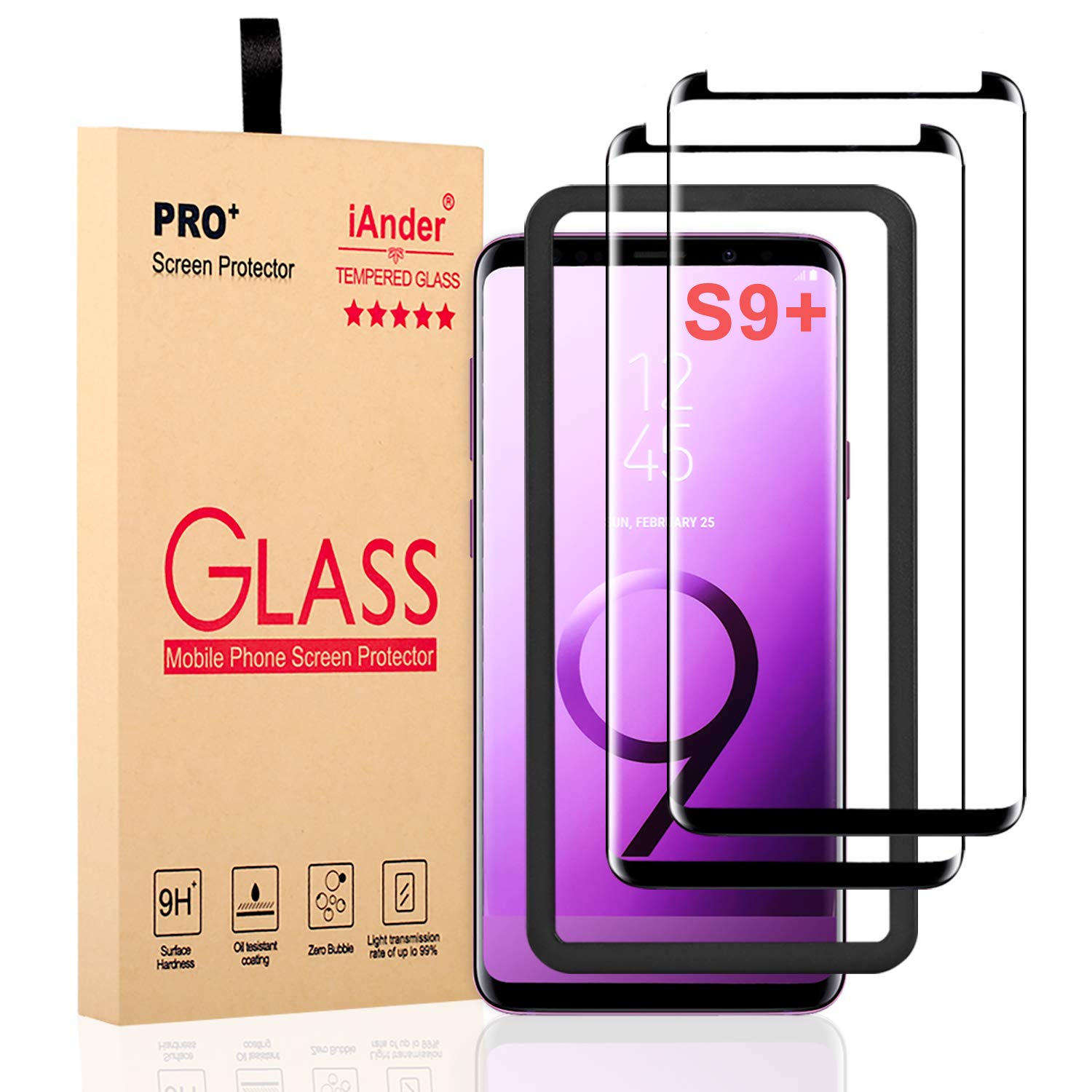 [2-PACK] Galaxy S9 Plus Screen Protector Glass [Easy Installation Tray], iAnder 3D Curved [Tempered Glass] Screen Protector for Galaxy S9 Plus S9+ [Case Friendly]