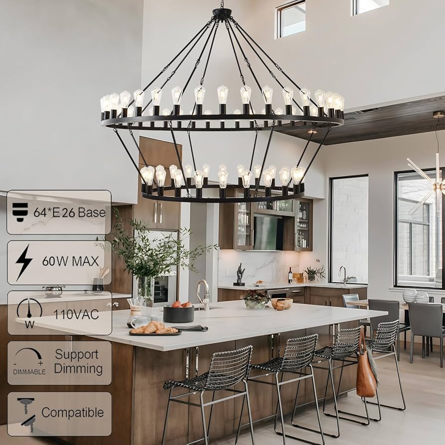 Viksroeo 70 Inch Black Extra Large Wagon Wheel Chandelier, 2