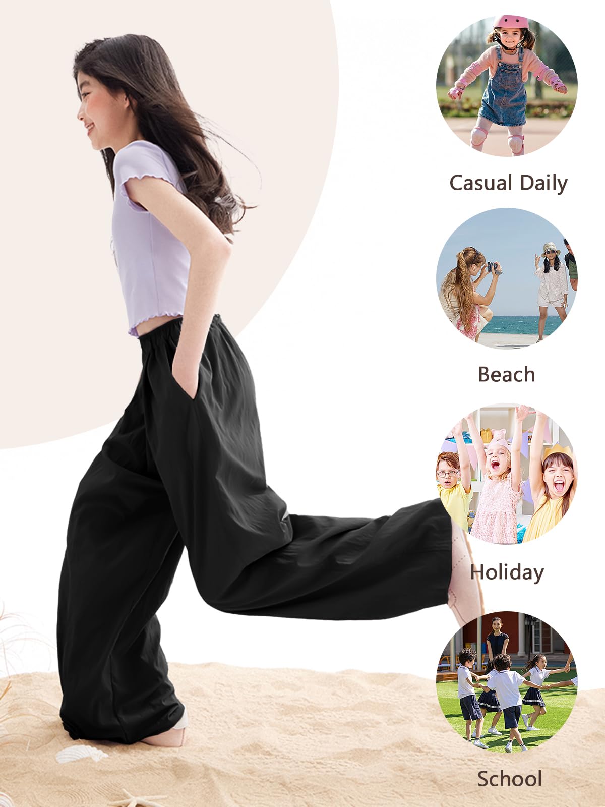 Rolanko Pantalones de Pierna Ancha para Niñas, Pantalones Palazzo de Verano con Bolsillos y Cintura Elástica de Paperbag