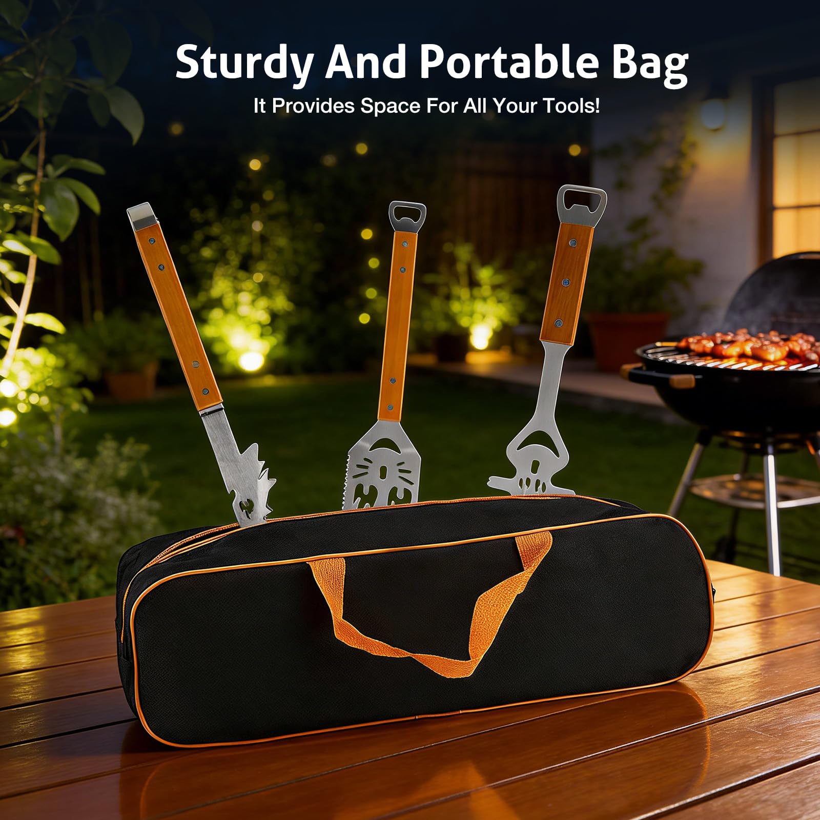 3-Piece BBQ Tools Set with Grill Spatula, Tongs, Fork - Wooden Handles, Duty Stainless Steel Barbecue Utensils Kit, 7-in-1 Turner & 6-in-1 Fork Functions As A Bottle Opener-Surprise Gifts for Men Dad - 2