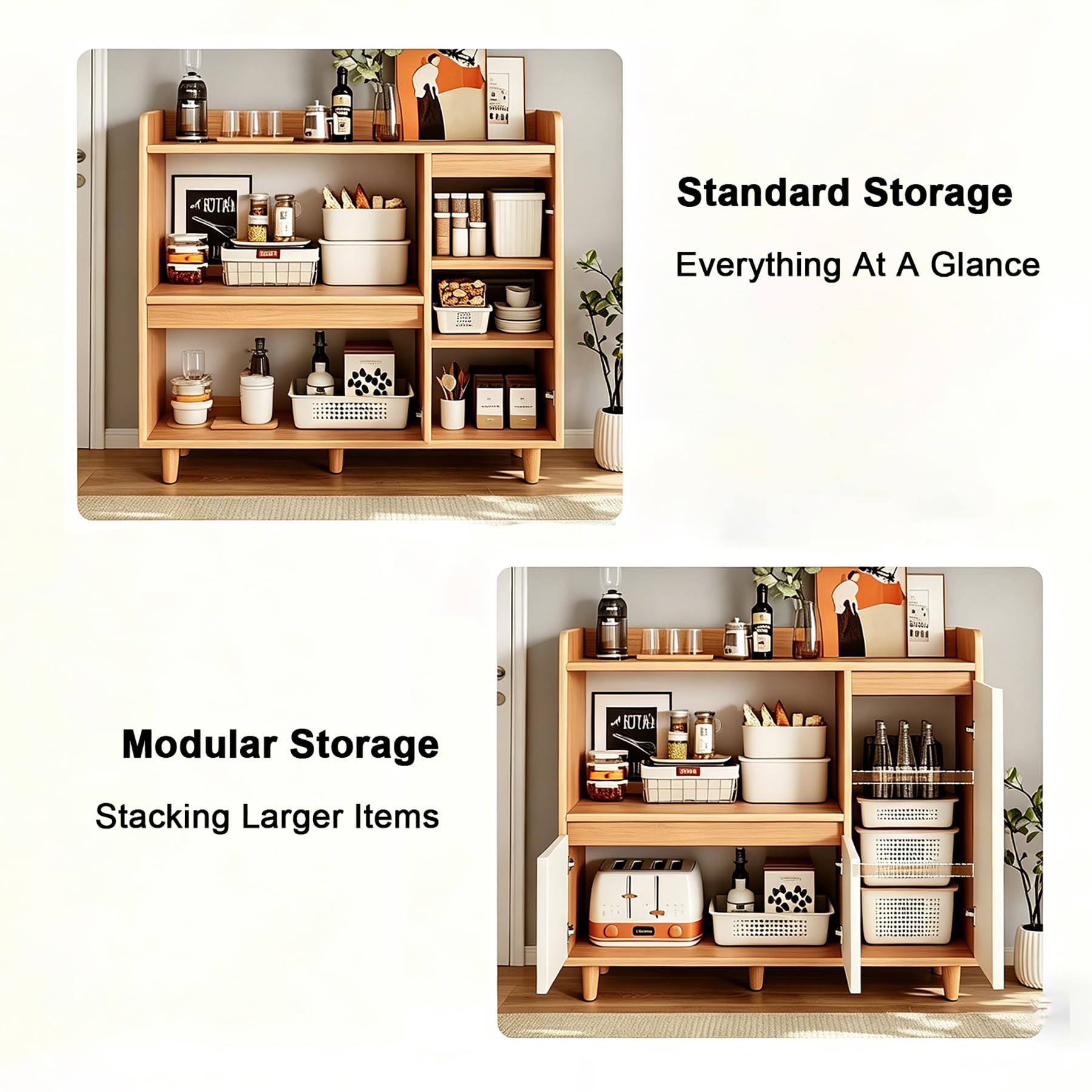 Grande credenza per buffet, console moderna e minimalista per cucina, sala da pranzo, soggiorno, stile casale con anta dell'armadio, finitura naturale, 90 cm