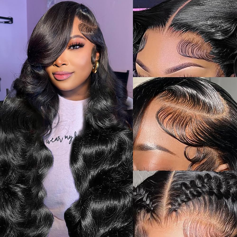 26 Inch Body Wave Lace Front Wigs Human Hair Pre Plucked 13x6 HD Lace Frontal Wigs Brazilian Virgin Human Hair 200 Density Glueless Body Wave wig with Baby Hair Natural Black