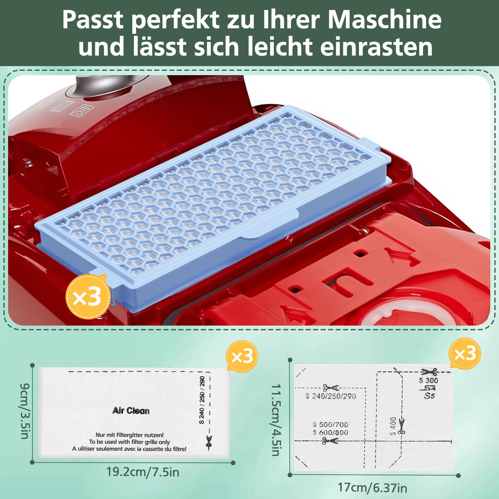3 Filter für Miele Staubsauger [Compact C1 & C2, Complete C2 & C3, S8340] 3 Motorschutzfilter und 3 Abluftfilter Ersatzfilter Kompatibel mit Miele Staubsaugern S4000, S5000, S6000 & S8000 Series