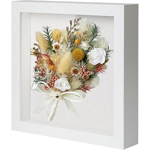 Muzilife 8x8 Shadow Box Picture Frame with Linen Board - Deep Wood & Glass Display Case Ready to Hang Memory Box Baby Sports Memorabilia, Pins, Awards, Medals, Wedding, Tickets and Photos (White)