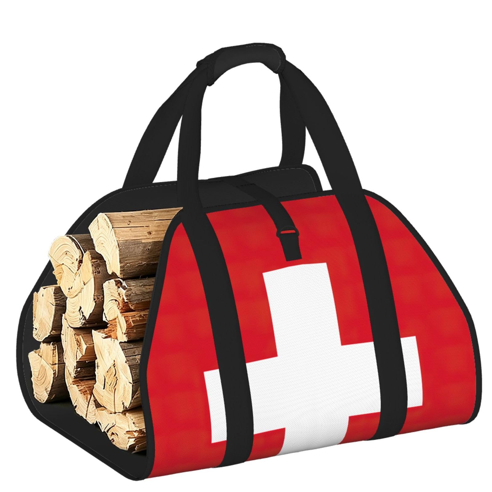 Swiss Flag Printed Firewood Log Carrier, Large Tote Bag with Reinforced Handles for Camping Fireplace Home