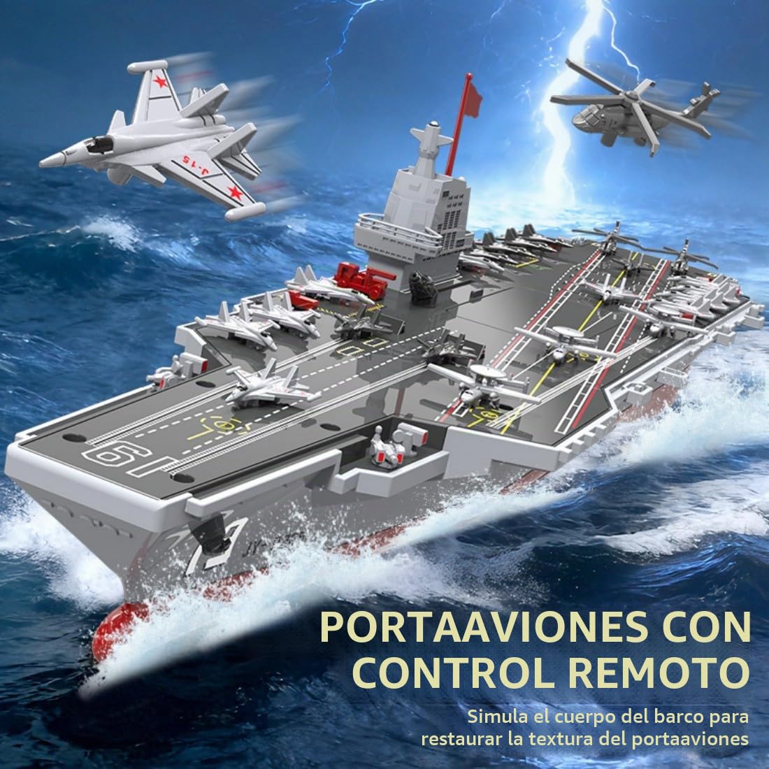 Portaaviones RC para piscina y mar, buque de guerra teledirigido de 2,4GHz con cañón de agua, barco militar eléctrico impermeable con motor dual, alta/baja velocidad, 30 minutos de tiempo de