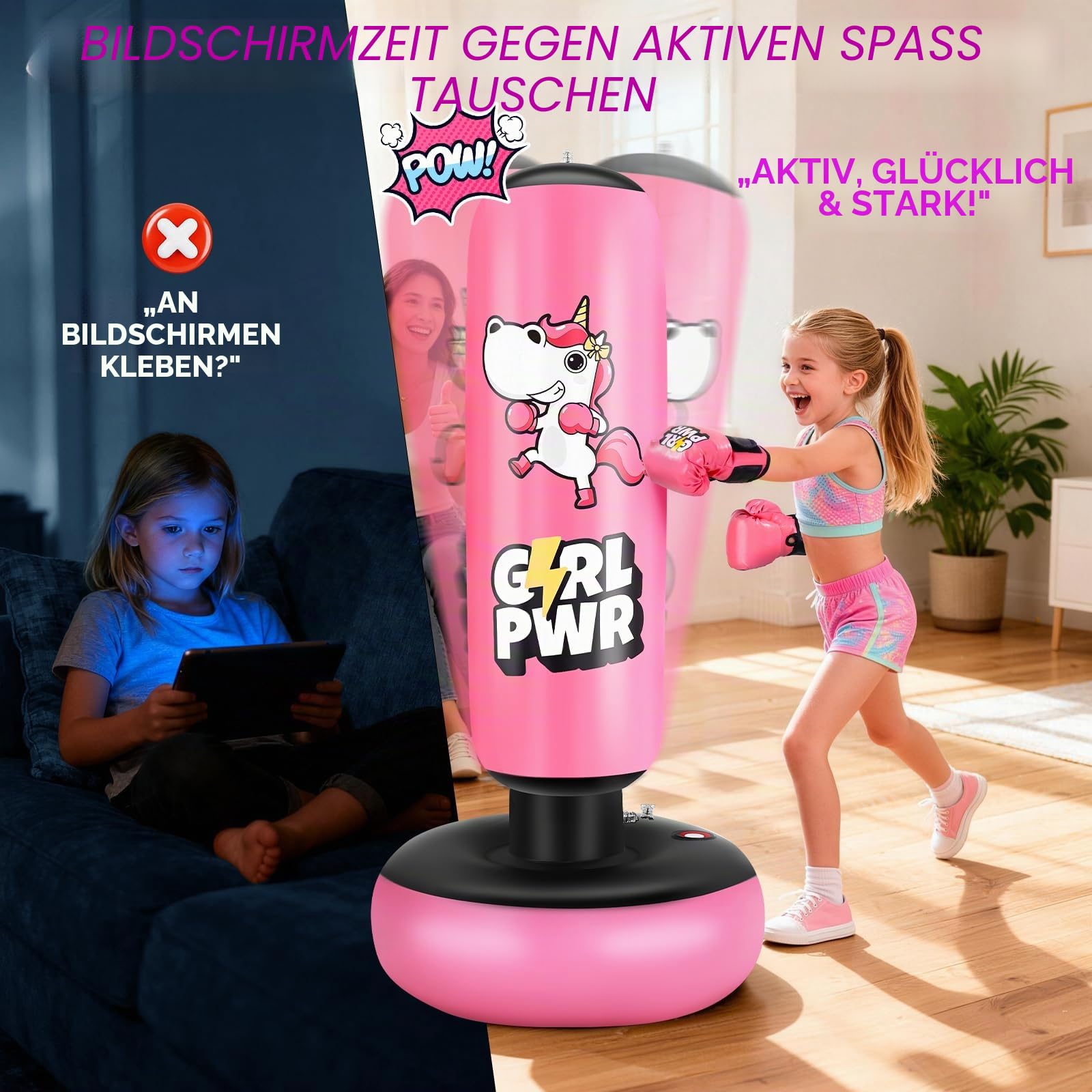 Aufblasbarer Boxsack, 168 cm (66 Zoll) aufblasbarer Boxsack für Kinder mit Boxhandschuhen für Mädchen von 3–12 Jahren, stabiles Boxset zum Üben von Karate, Taekwondo, Einhornspielzeug und Geschenken