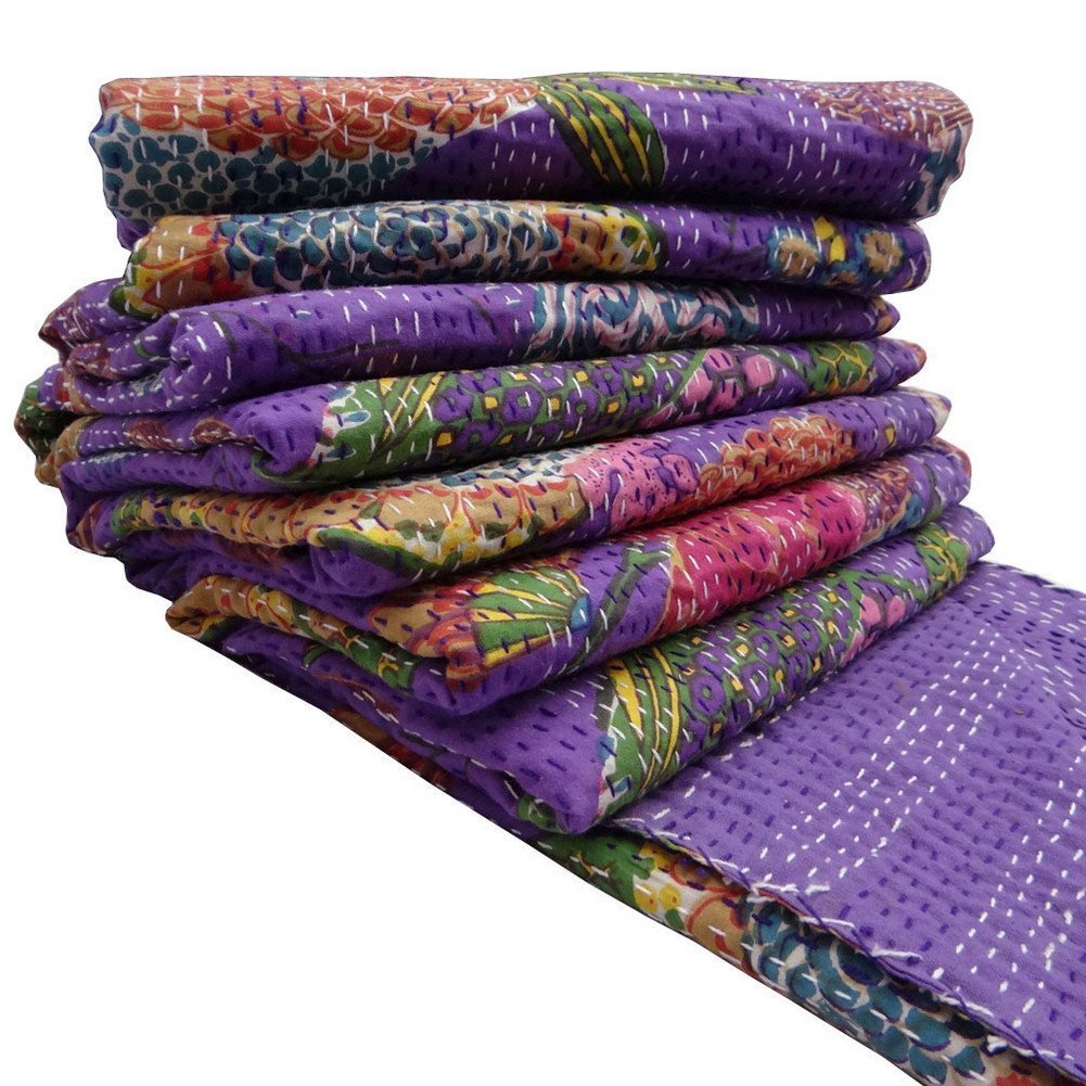 Sophia-Art Indian Queen Gudri Handmade Quilt Vintage Tropican Fruit Print Kantha Spread Throw Cotton Blanket 90X108 inch (Purple)
