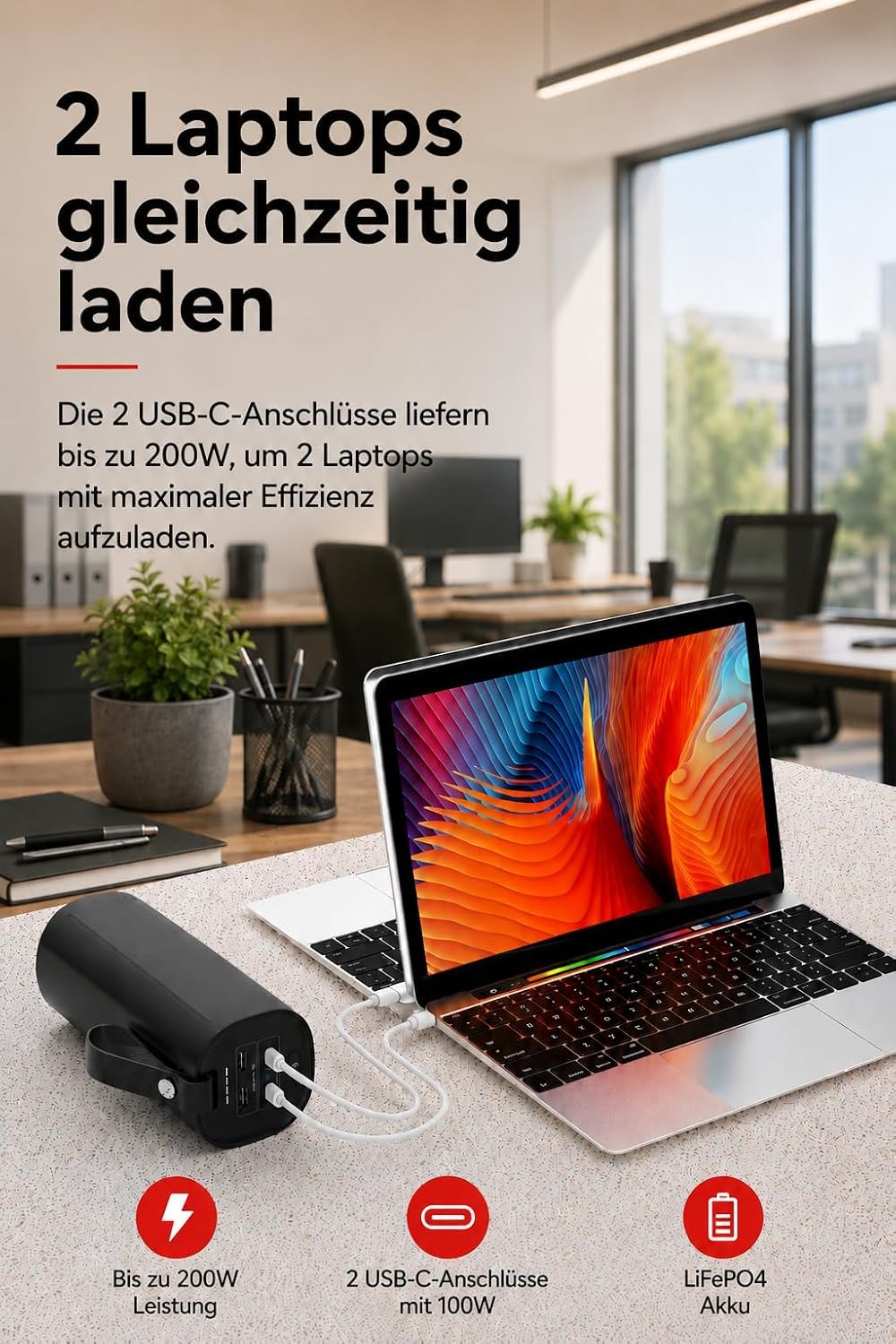 LITIONITE Titan Powerbank 60000mAh 200W für Laptop und MacBook, 2X USB-C 100W PD3.0, LiFePO4 Akku 3000 Ladezyklen, Batterie Externe für Tablet, Nintendo Switch und Drohne