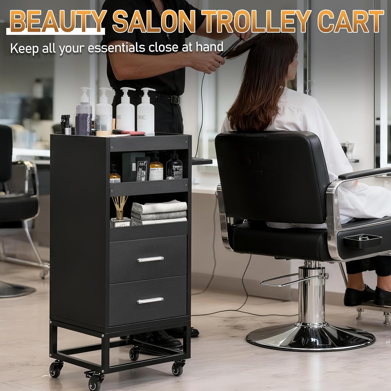 Winado Beauty Salon Trolley Cart, Rolling Hair Cart with Lockable Wheels, 2 Drawers, 3 Tool Holders, Mobile Makeup Organizer Station Cabinet for Hair Stylist Beauty Spa Barbershop, Black