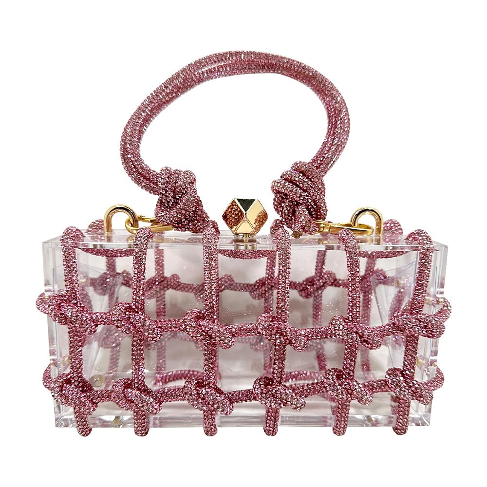 Sparkly Acrylic Clutch Purses for Women with Rhinestone Transparent Bag, Perfect for Bridal Events Prom (Pink)