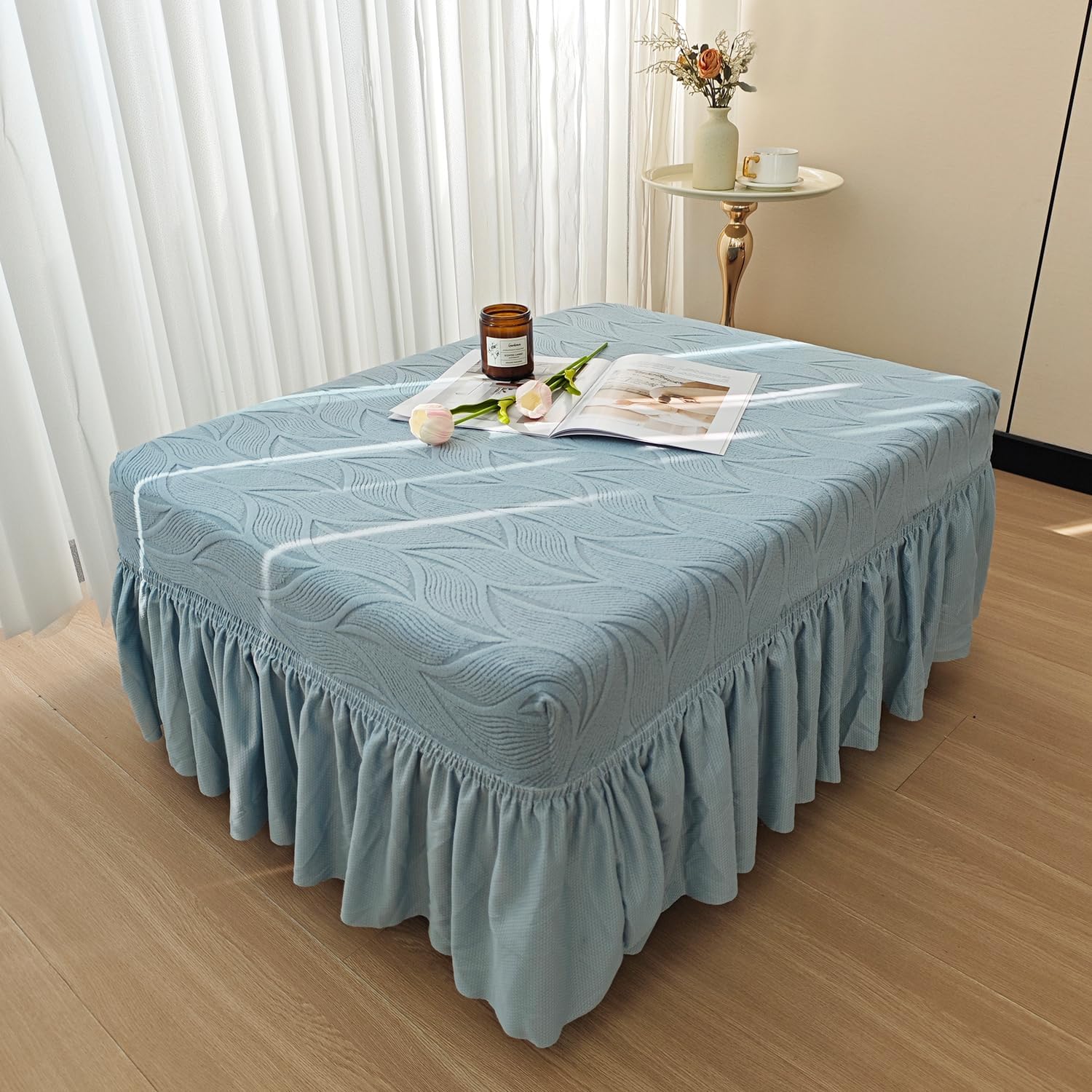 A/blue1,M, Square Stretch Ottoman Cover with Skirt Dustproof Footstool Cover Full Wrap Ottoman Slipcover Seat Covers Slipcovers Pouffe Cover with Elastic Band Machine Washable