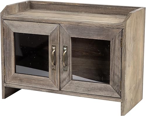 Miniatura 6 de Estante organizador de armario de madera gris piedra rústica, estante organizador de gabinete de vidrio, puertas de ventana de madera, organizador