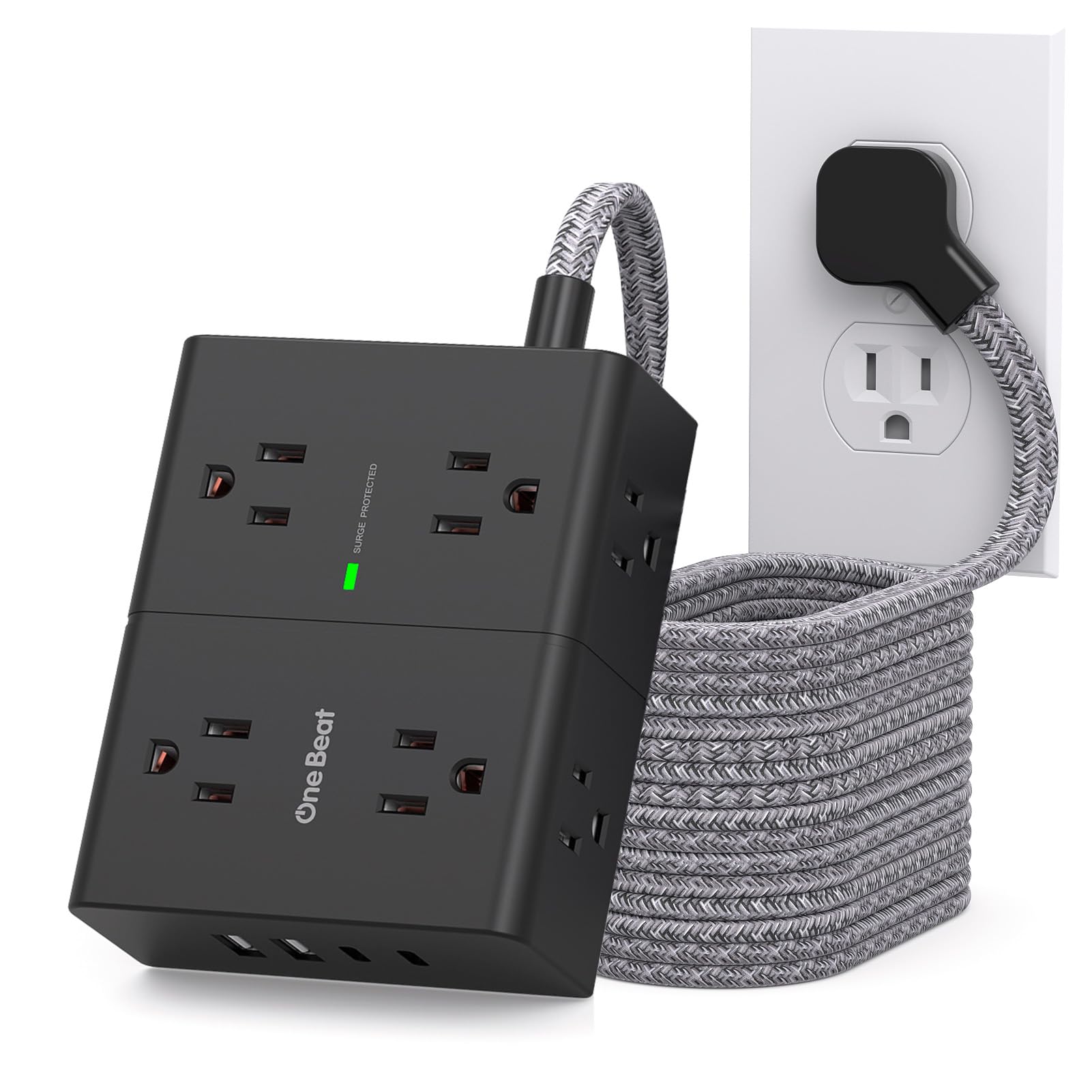 10 Ft Flat Plug Extension Cord with Multiple Outlets, One Beat Surge Protector Power Strip 10 Ft Long Cord, 8 Outlet 4 USB Ports(2 USB C), Long Extension Cord for Home Office College Dorm, Black