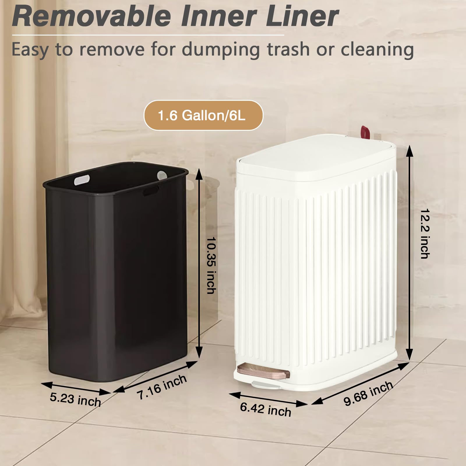 Small Bathroom Trash Can with Air Freshener Soft Close Lid, 6 Liter/ 1.6 Gallon Stainless Steel Garbage Can with Removable Inner Bucket,Step Pedal, Slim Wastebasket for Bedroom, Toilet (Ivory White)