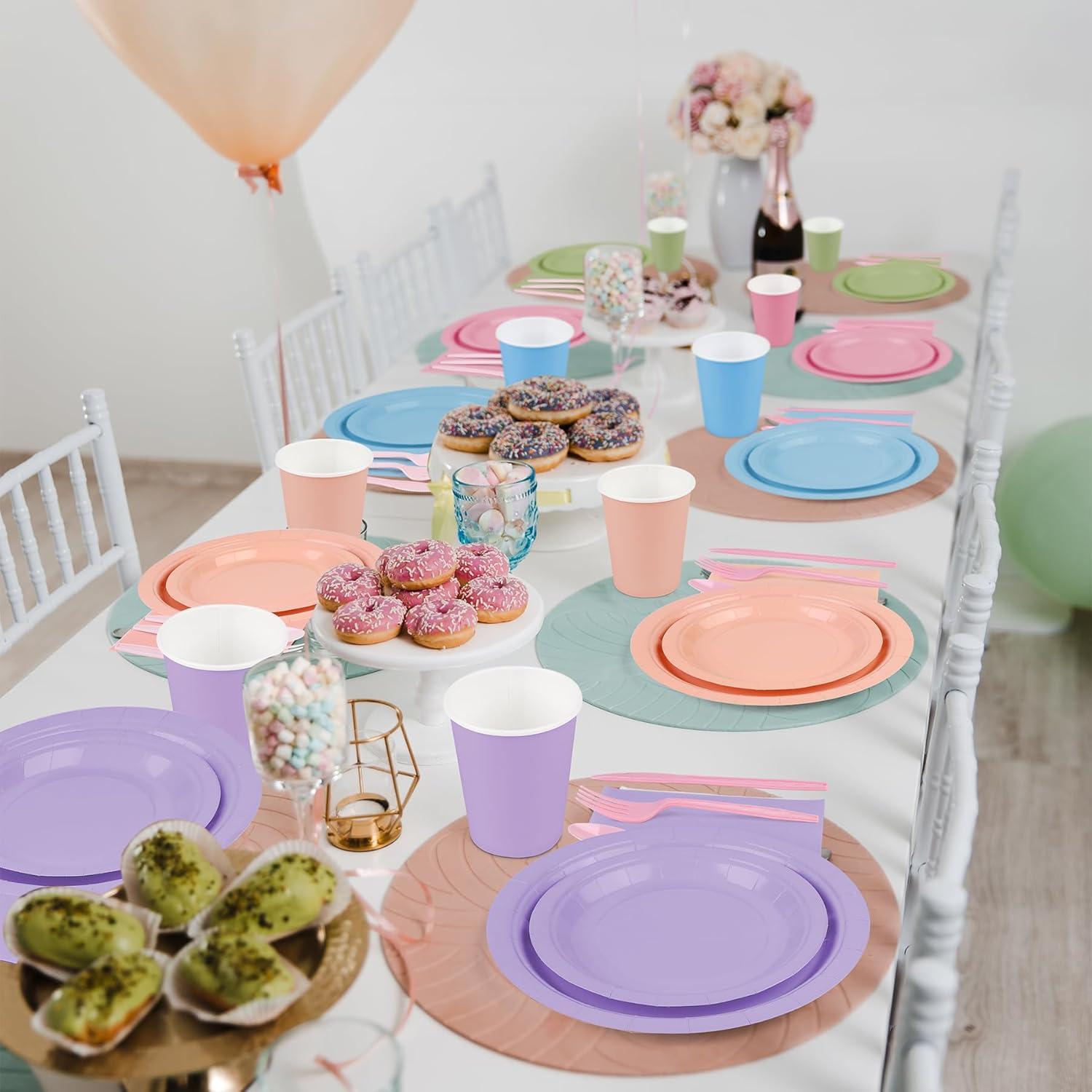durony 360 Pieces Pastel Rainbow Disposable Party Supplies Serves 48 Guests Include 7" and 9" Pastel Paper Plates Cups Napkins Cutlery Pastel Rainbow Party Decorations for Birthday Wedding Baby Shower