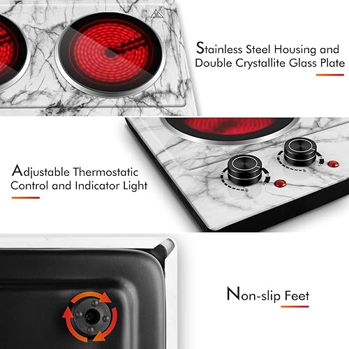Vista 53 de CUSIMAX Placa de cocción doble de 1800 W, quemador doble de encimera de acero inoxidable plateado, portátil, eléctrico, placas de cocción de hierro