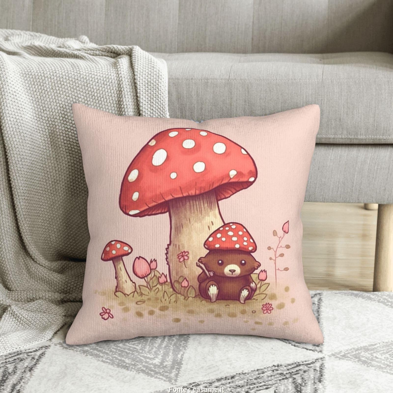 Housses de coussin velours côtelé de qualité supérieure au design ours et champignons 40cm