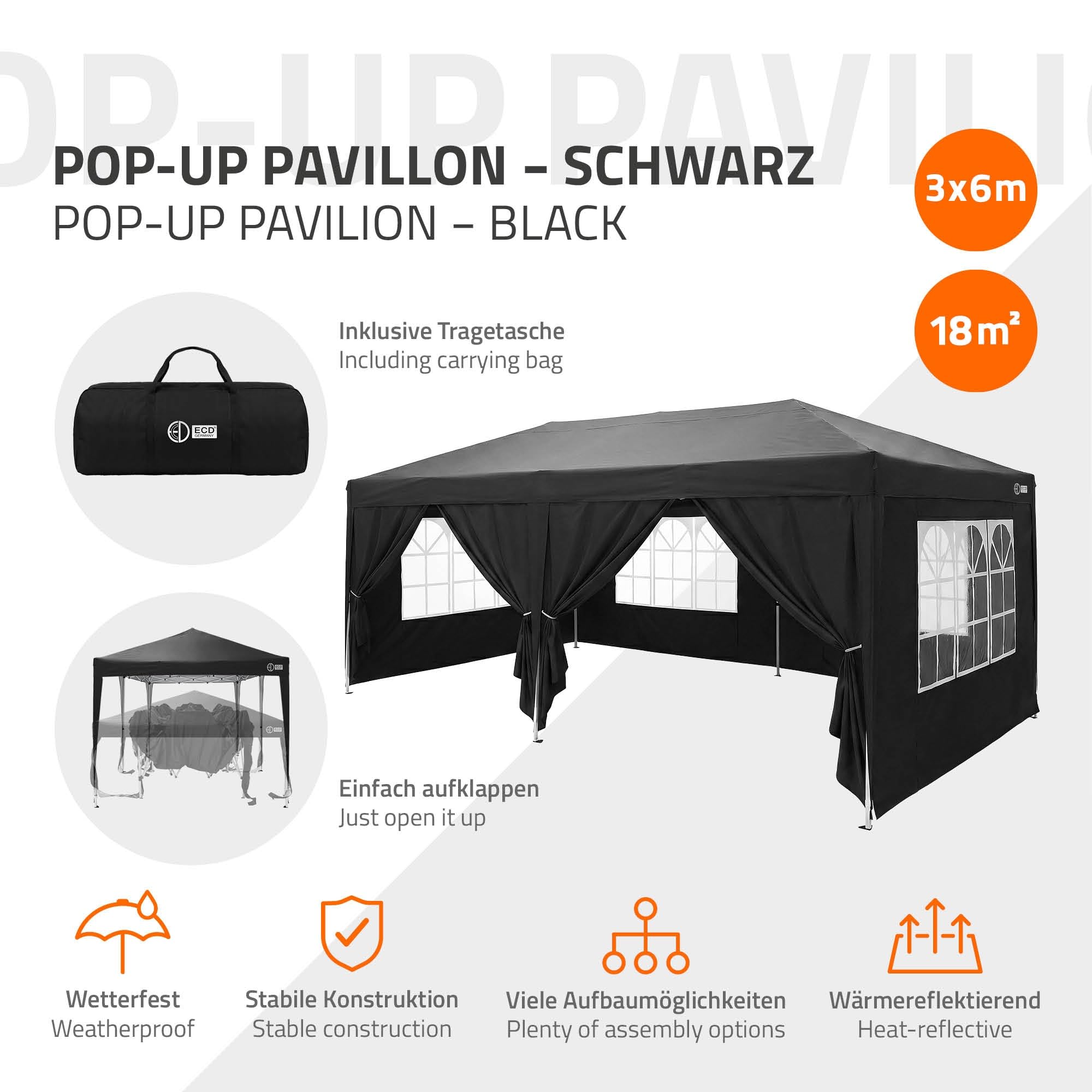 ECD Germany Carpa Plegable 3x6 m para Exteriores, Impermeable y Resistente al Viento, Pergola de Jardín, Cenador con 6 Paredes Laterales, Gazebo Negro Altura Regulable, para Fiestas, Camping, Eventos