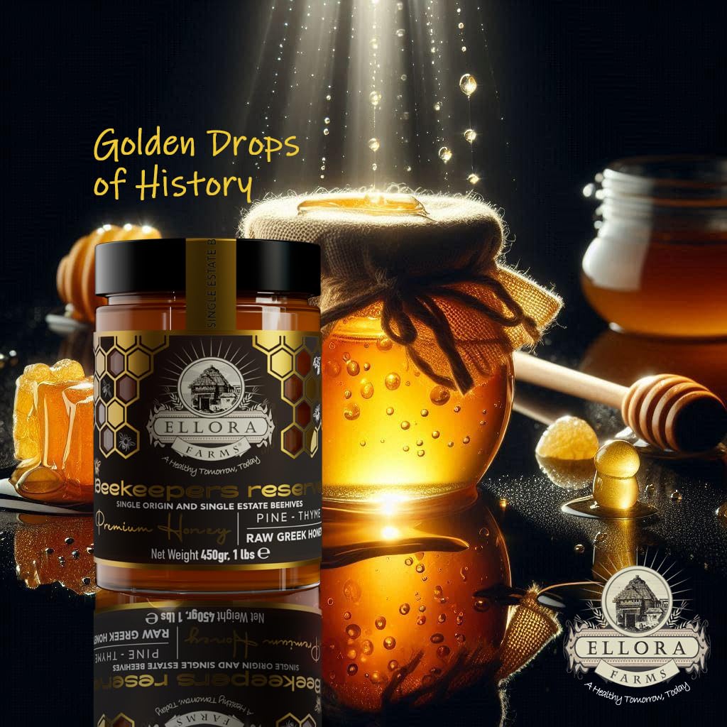 Ellora Farms Greek Honey Single Estate PDO, Pine & Thyme Raw Honey Unfiltered, Beautiful Gift Pack with Dipper, Beekeepers Reserve, Pure Raw & Unfiltered Cold-Pressed, Gluten Free - 450 g