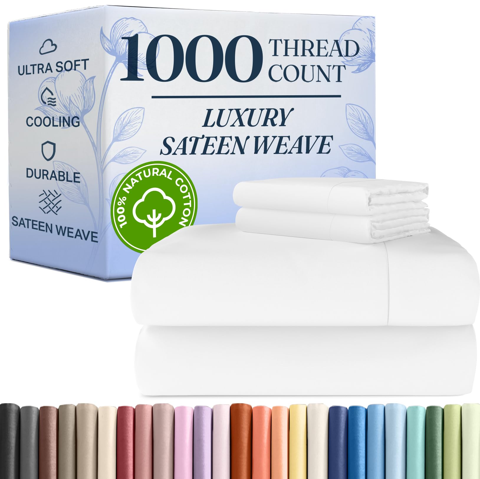 1000 Thread Count Sheet Set - 100% Cotton Bed Sheets - Softer Than Egyptian Cotton - 4-Piece White King Set - Soft Sateen Weave - Hotel Luxury Bedding 16" Deep Pocket (Fits up to 17" Mattresses)
