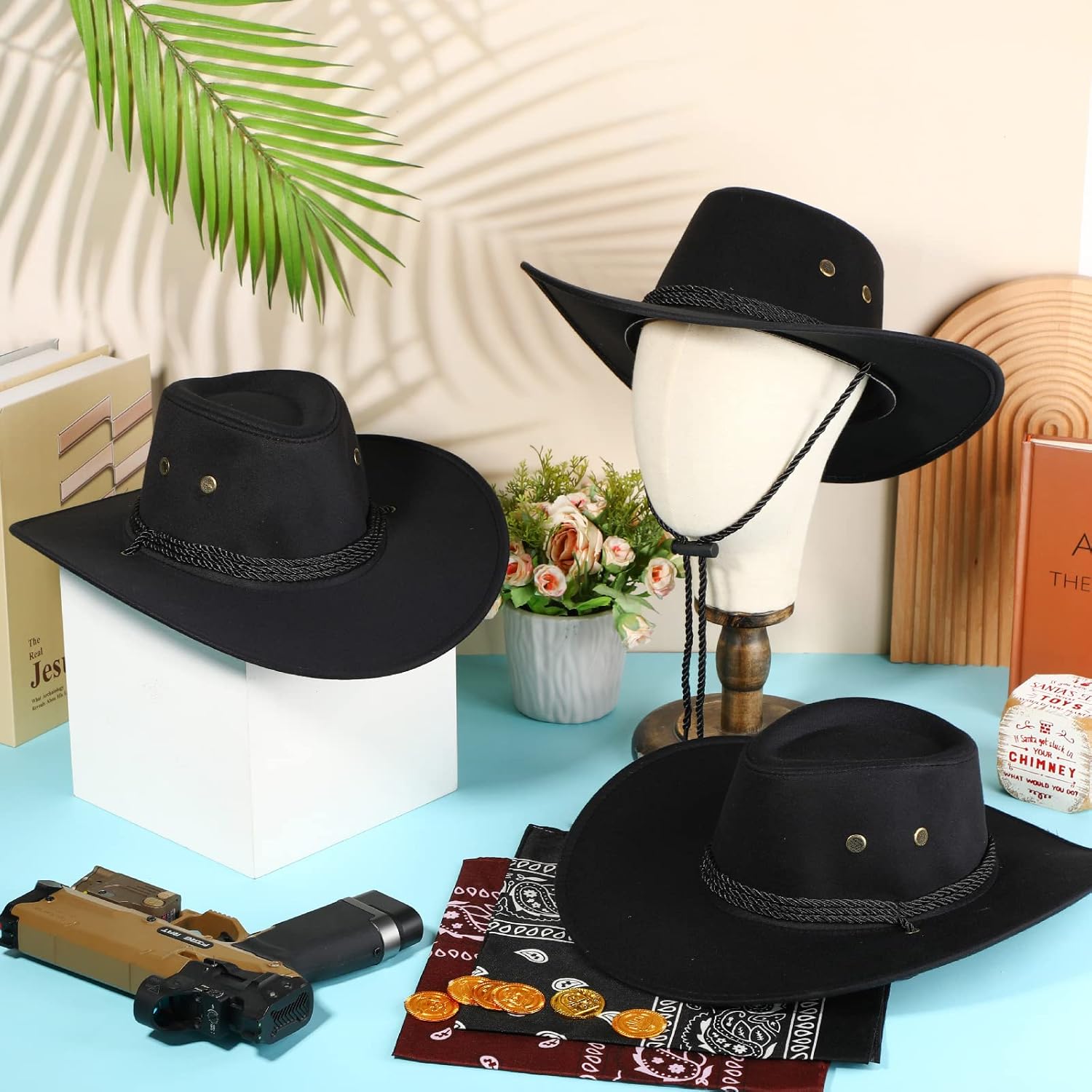 Zhanmai 12 Pcs Cowboy Hat and Bandana Cowboy Cowgirl Hats Bulk Western Party Costume Halloween Accessory - Image 6