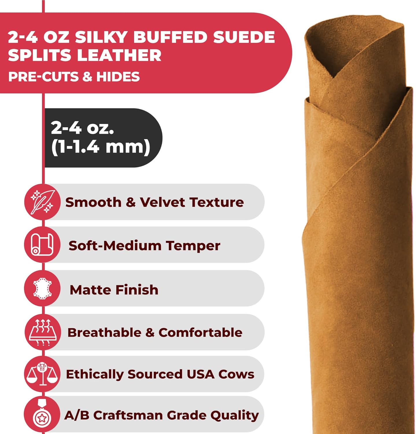 ELW Premium Suede Cowhide 2-4 oz (1-1.6mm) - Soft Full Grain Pre-Cut Side Leather - (4-6 SQ FT,Buckskin) - USA Made Silky Buffed Suede Fabric Leather for Car Upholstery, Crafts, Garments, Furniture
