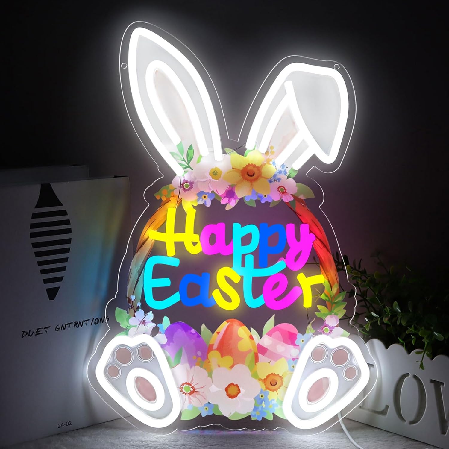LED Happy Easter Neon Sign Light, Easter Holiday Theme,Dimmable Indoor Wall Decor for Kids, Room, Office, Party Gift Art for Boys Girls-15.75 x 10.68 IN-USB Powered-Acrylic