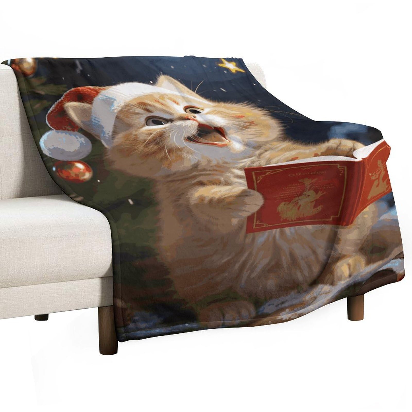 Couverture polaire chat de Noël 167x228 cm en flanelle douce pour lit et canapé