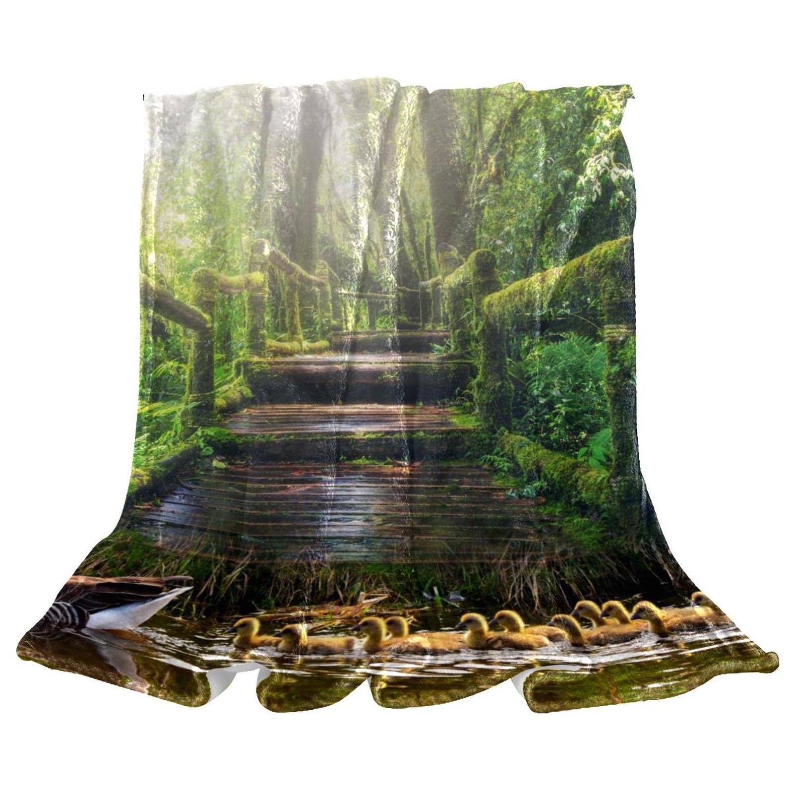 Couverture polaire de literie haut de gamme au motif imprimé de forêt et lac