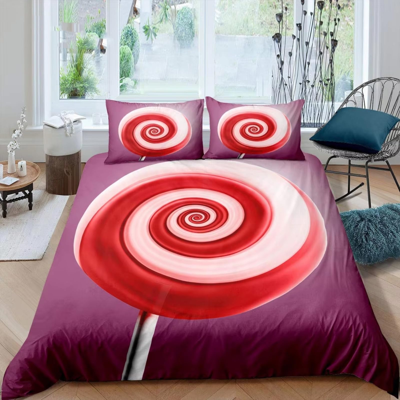 Podwójna poszwa na kołdrę 220 x 240 cm dorosły czerwony lizak, zestaw pościeli z ukrytym zamkiem błyskawicznym, miękka, antyalergiczna mikrofibra, zestaw poszewek na kołdrę i 2 poszewki na