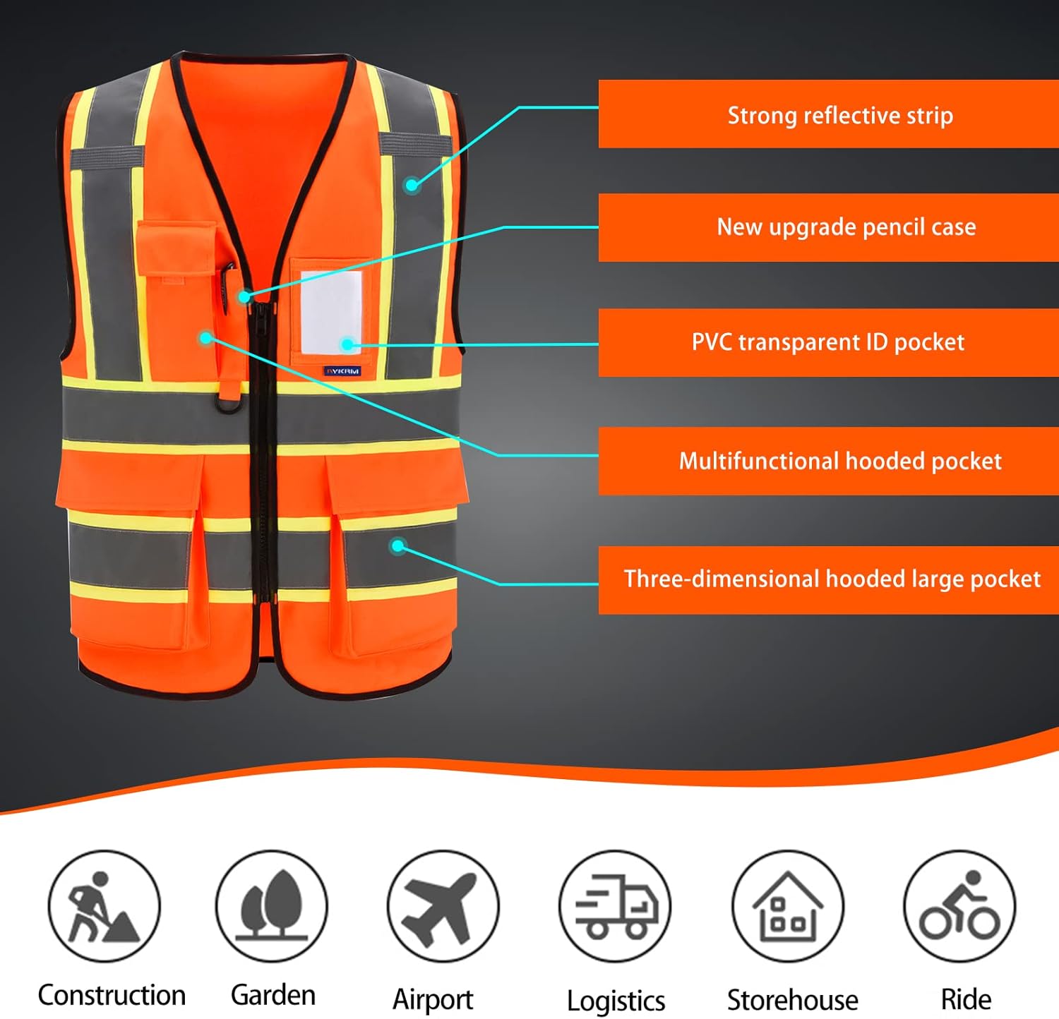 AYKRM Custom Logo Personalised Printed High Visibility Reflective 2 two tone work construction Safety Vest - Image 6