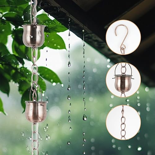 Miniatura 10 de TZSSP Cadenas de lluvia decorativas con 12 tazas, cadena de lluvia para el hogar, jardín, patio, decoración al aire libre, 8-12 de longitud, hoja