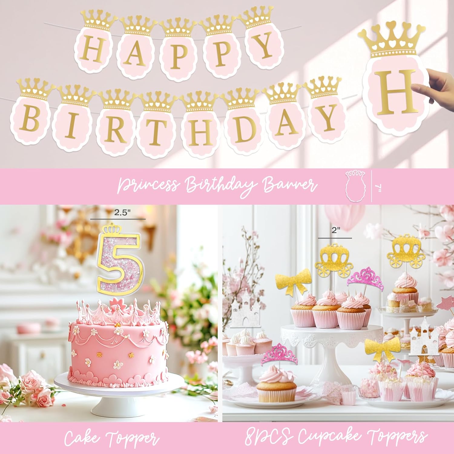 Costova Princess 5th Birthday Party Decorations, 117 PCs - Her Royal Fiveness Birthday Party Supplies with Pink Fairytale Backdrop, Balloon Garland, Castle Tablecloth, 5 Year Old Sash