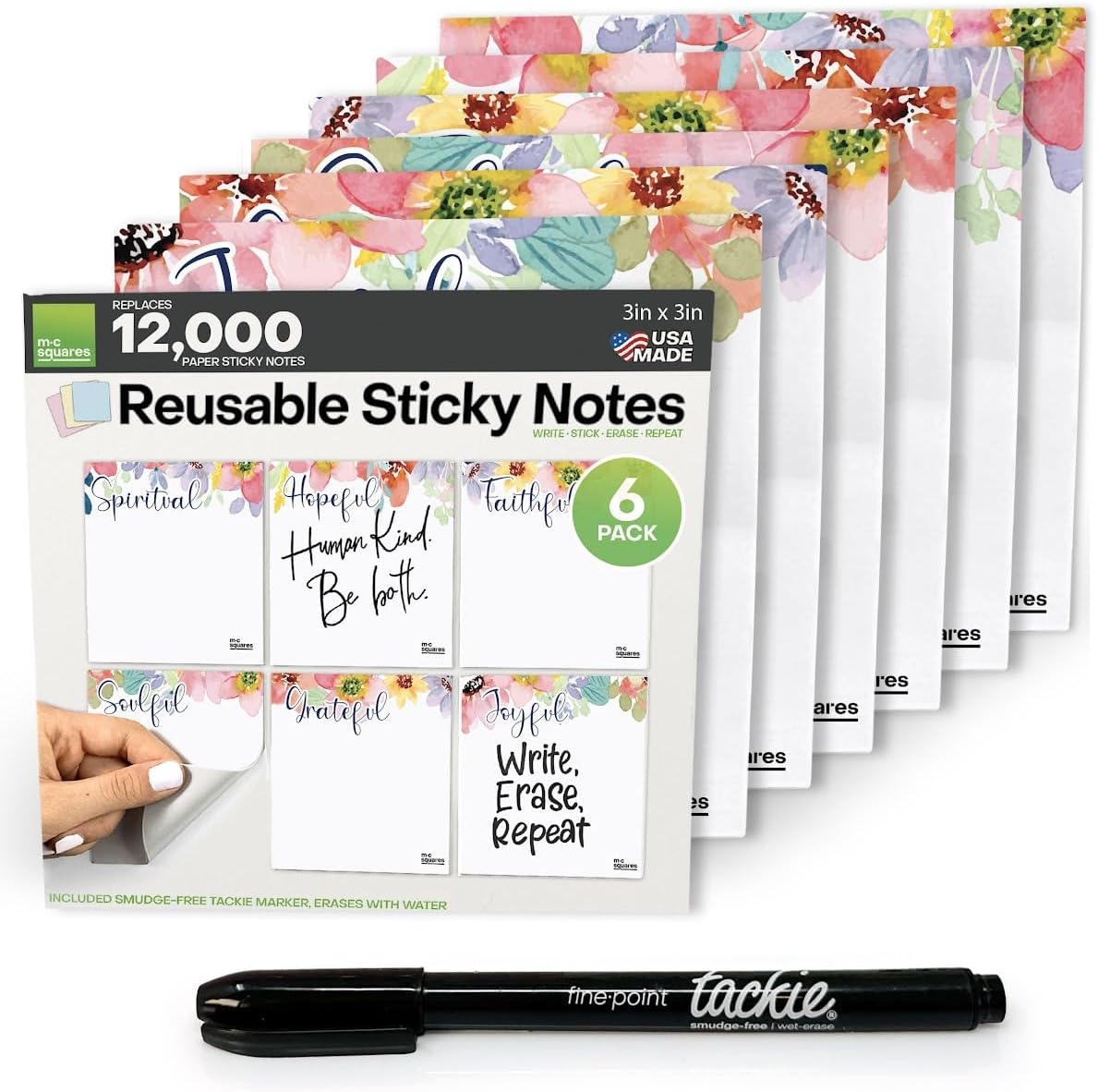 M.C. Squares Reusable Cute Sticky Notes | 3x3 Inspirational Stickies 6-Pack | 2-Year Re-Stickable Wet and Dry Erase Post Notes | Smudge-Free Tackie Marker | USA Made