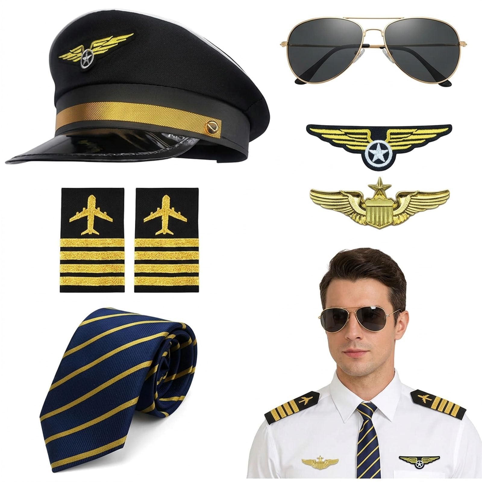 QhgPnt 7 Piece Pilot Costume Set, Aviation Role Play Accessories